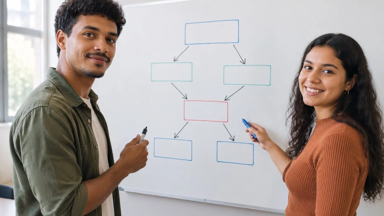 Duas participantes de pé diante do quadro branco, montando um argumento a caneta